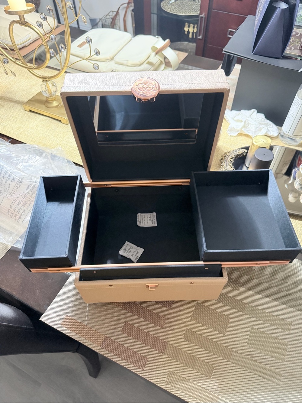 Beige Faux Leather Jewelry Box with Mirror
